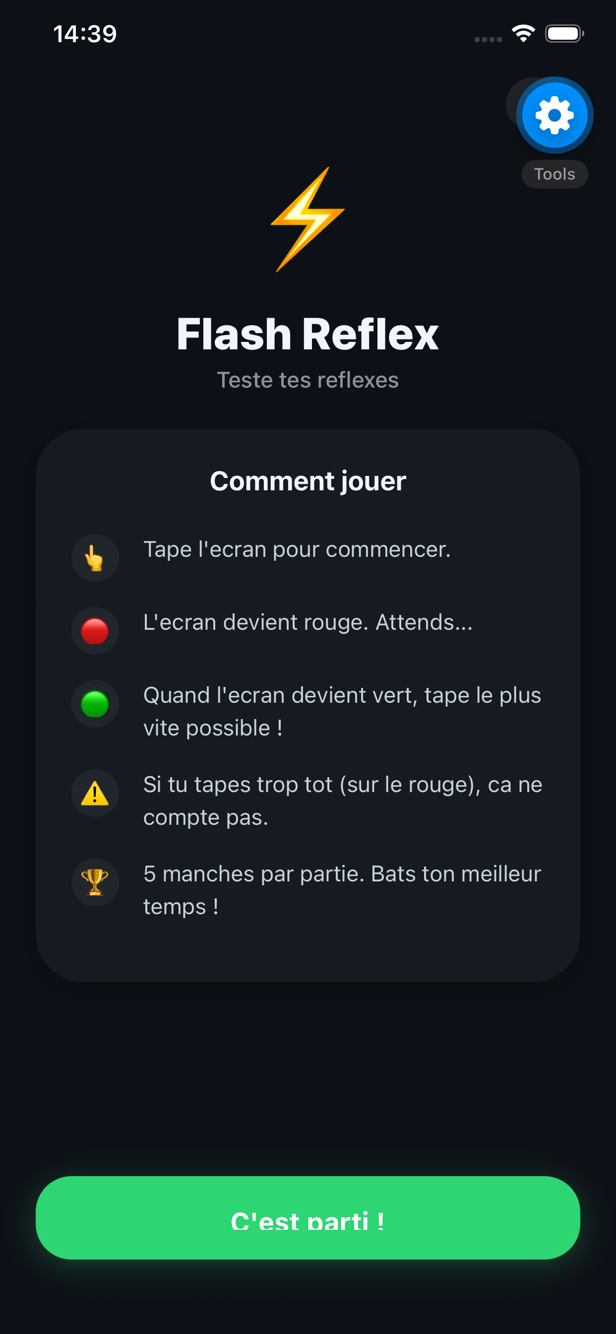 Ecran d'accueil de Flash Reflex avec les regles du jeu