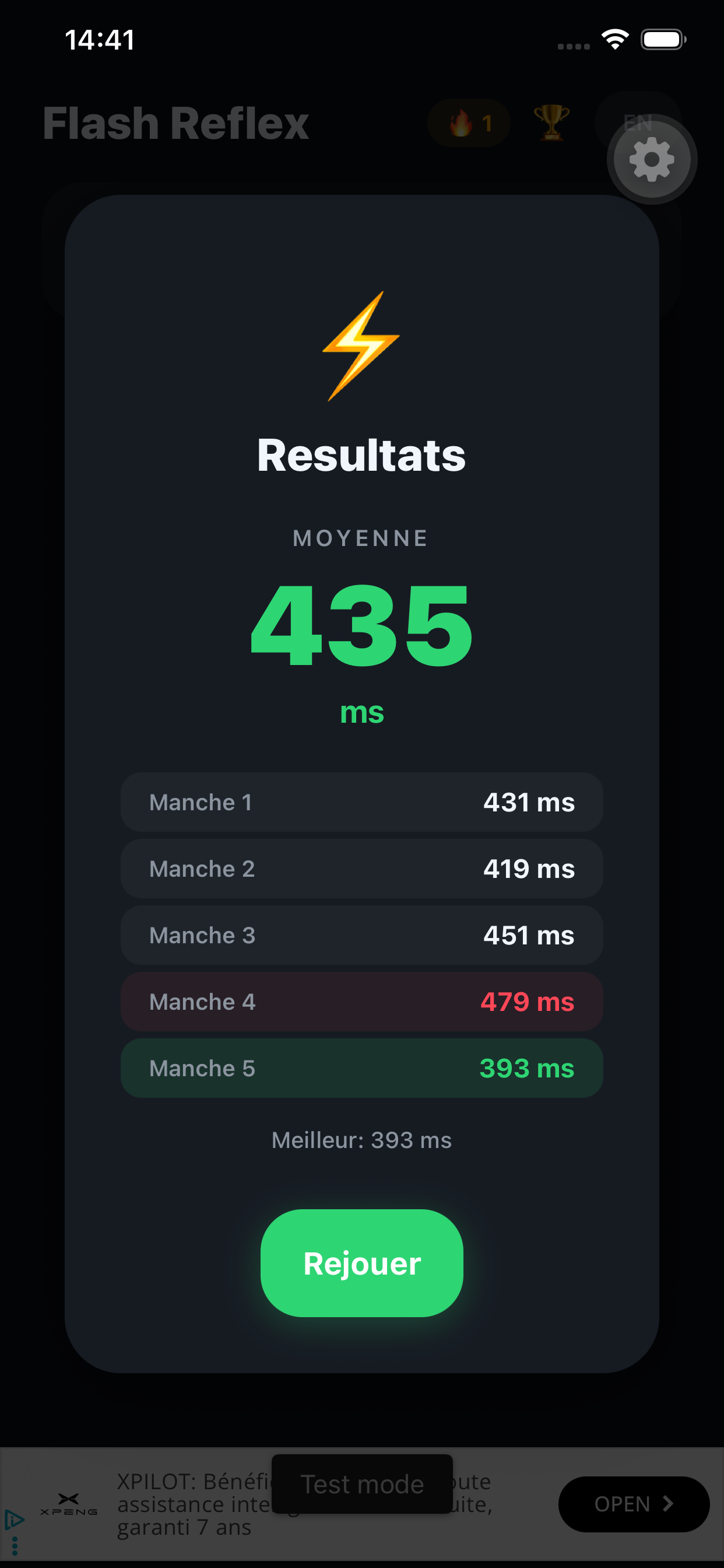 Ecran des resultats avec les temps de chaque manche